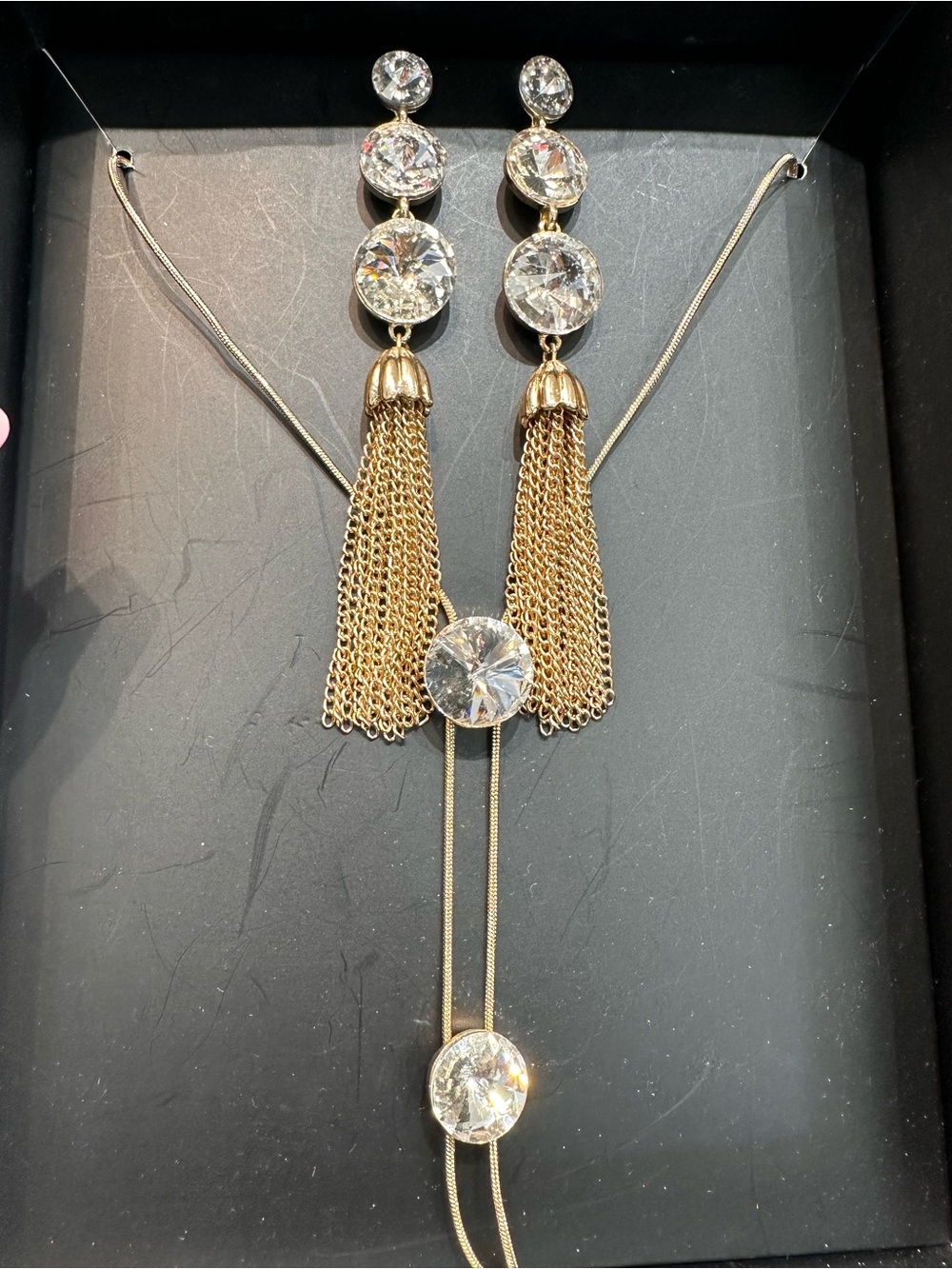 Gold Tassel Necklace and Earrings Set with Clear Crystal Accents